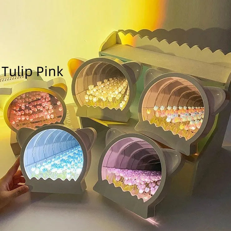 DIY cat head shaped night light kit with colourful handmade tulip flowers for bedside decor.