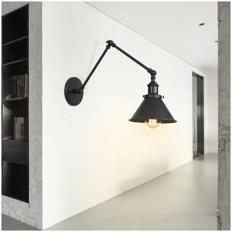 Rocker arm wall lamp with folding retractable arm, iron shade, available in black, gold, or half rust, 220V