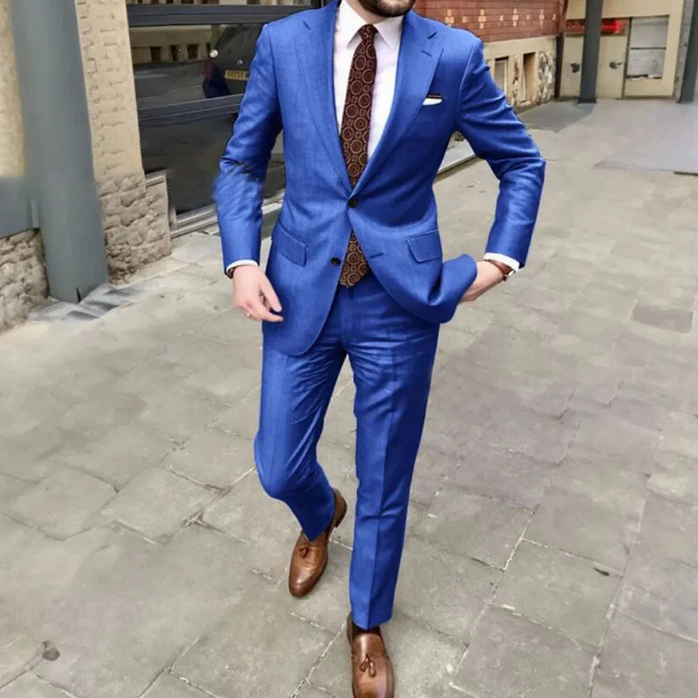 Men's slim fit two-button business suit in acetate fabric available in multiple colours and extended sizes
