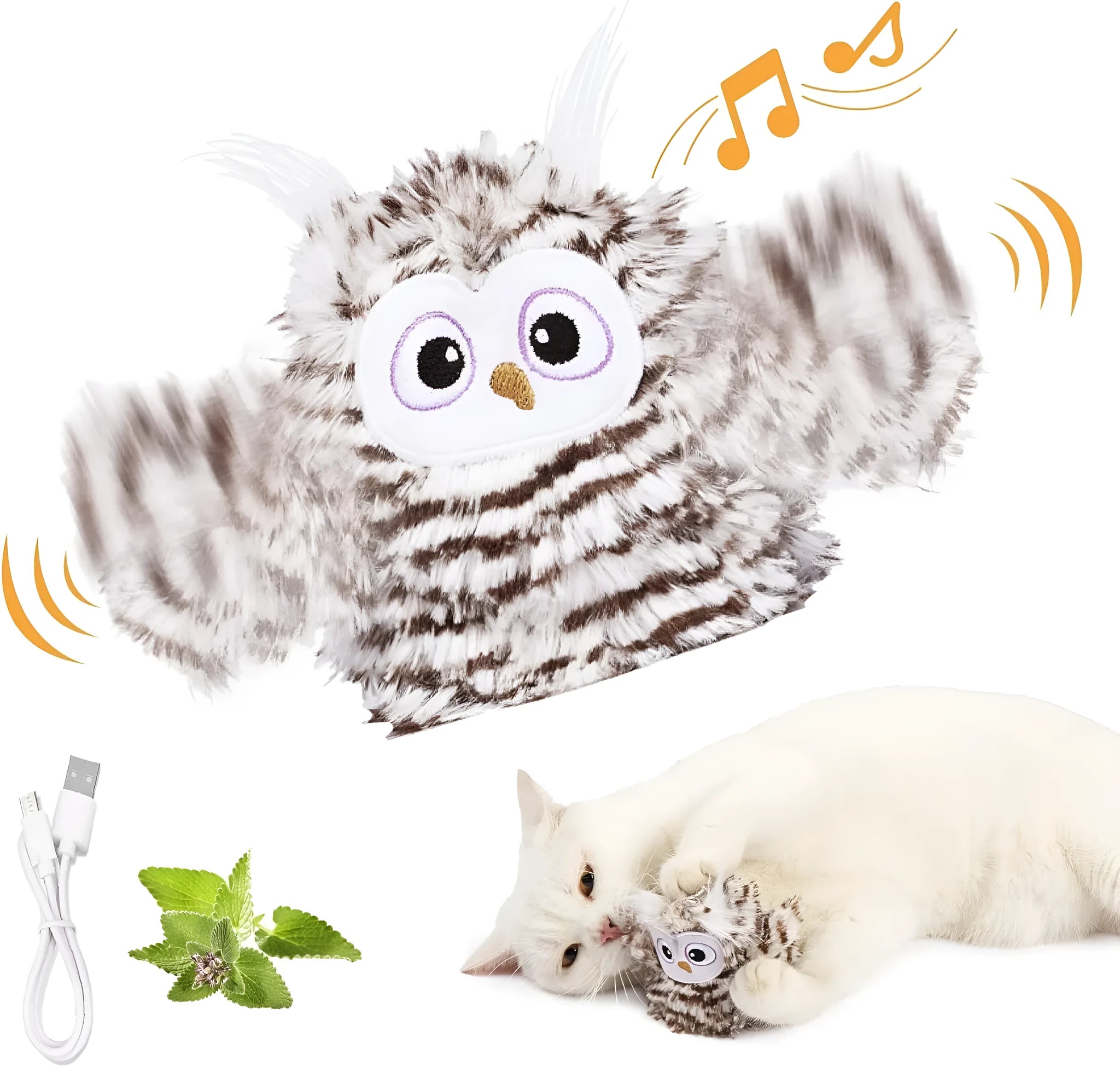 Grey automatic chirping owl cat toy with flapping wings on flat surface