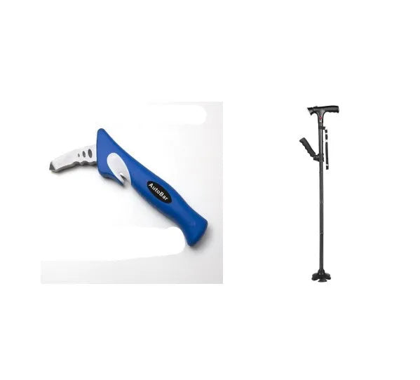 Foldable aluminium walking stick with 4-feet anti-skid base, LED light, and side armrest for elderly