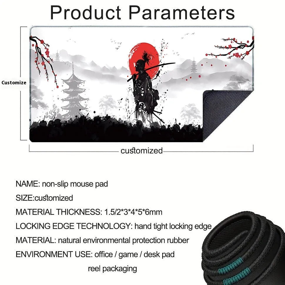 Japanese samurai design cloth gaming mouse pad on a desk with a gaming mouse.