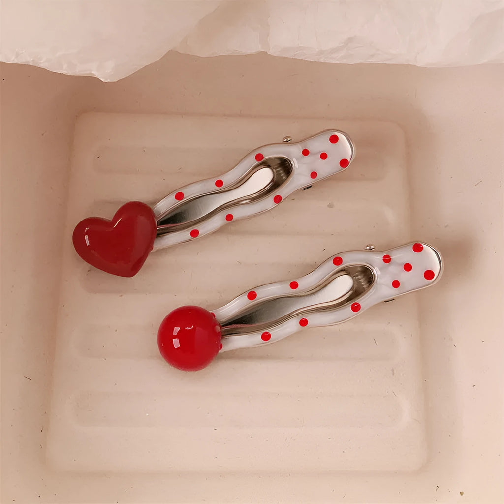 Red love heart shaped willow leaf hair clip with dots, a French retro Korean-style barrette.
