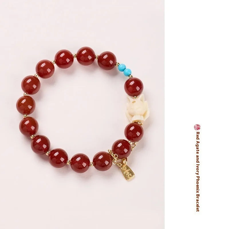 10mm red agate ivory nut round bead bracelet with Phoenix Nine zodiac animal design, retro women's jewellery