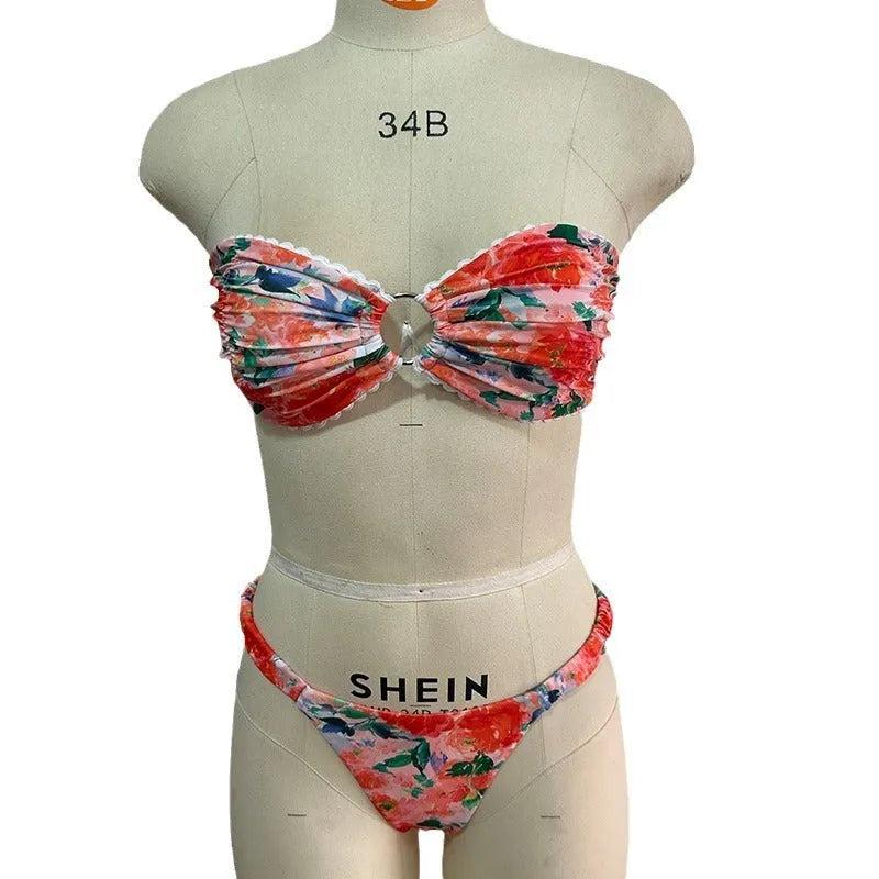 European American floral print swimwear bikini set with tube top and briefs in blue colour