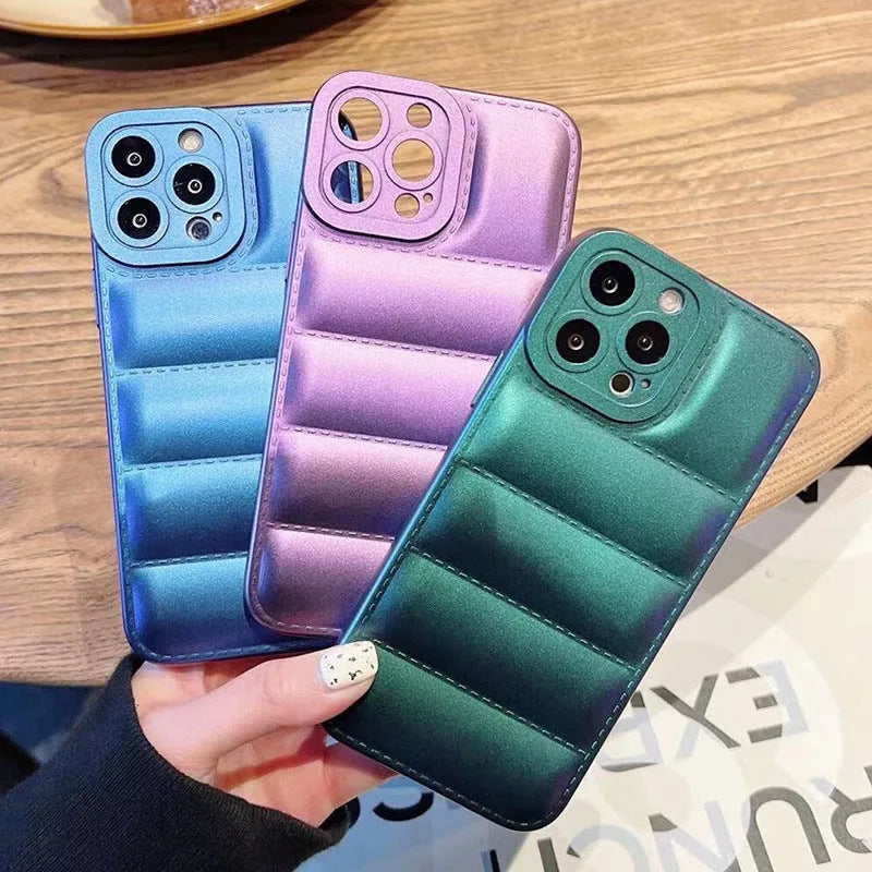 Laser blue silicone down jacket textured phone case with frosted finish for iPhone