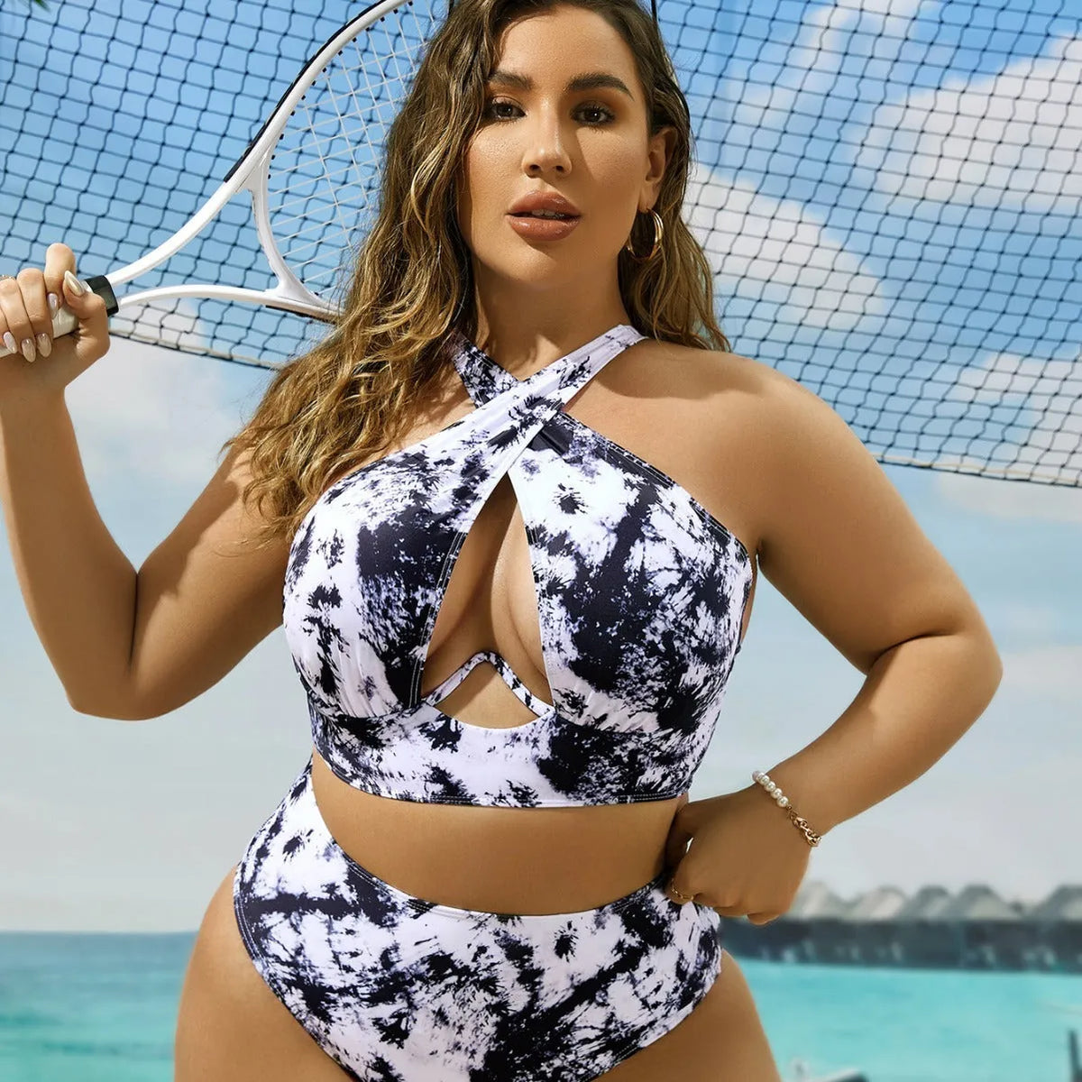 Cross collar random printed one-piece swimsuit in polyester with lining