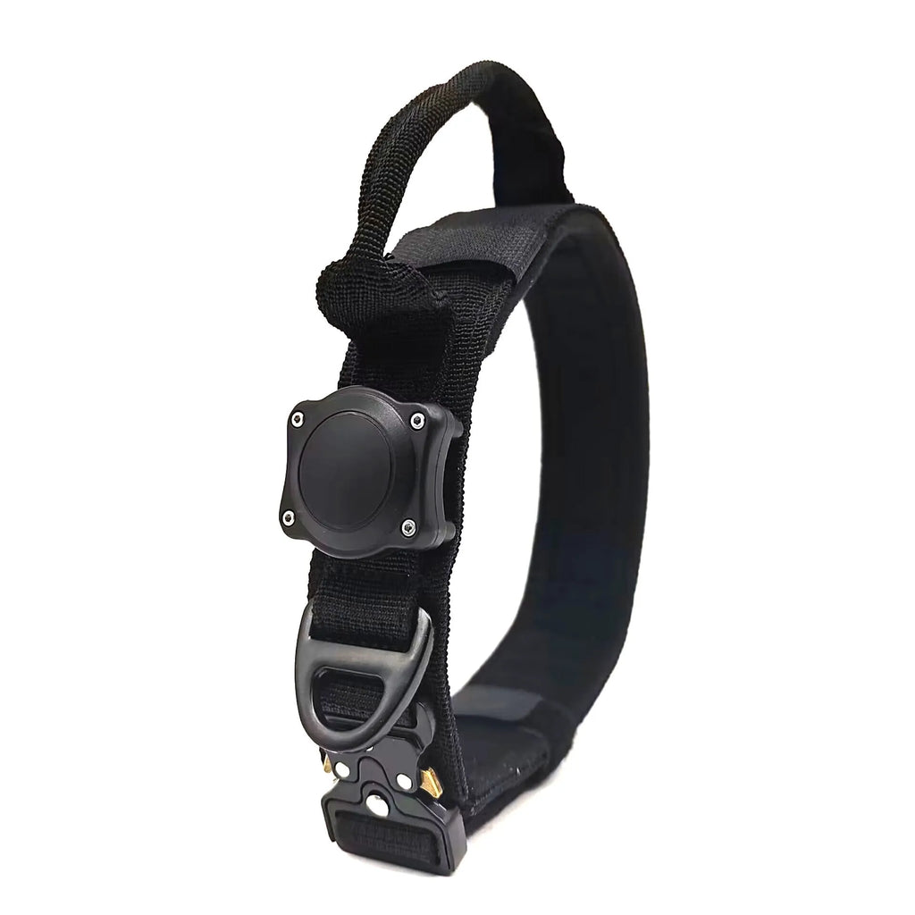 Tactical waterproof dog collar in khaki colour with a metal positioning ring and buckle.
