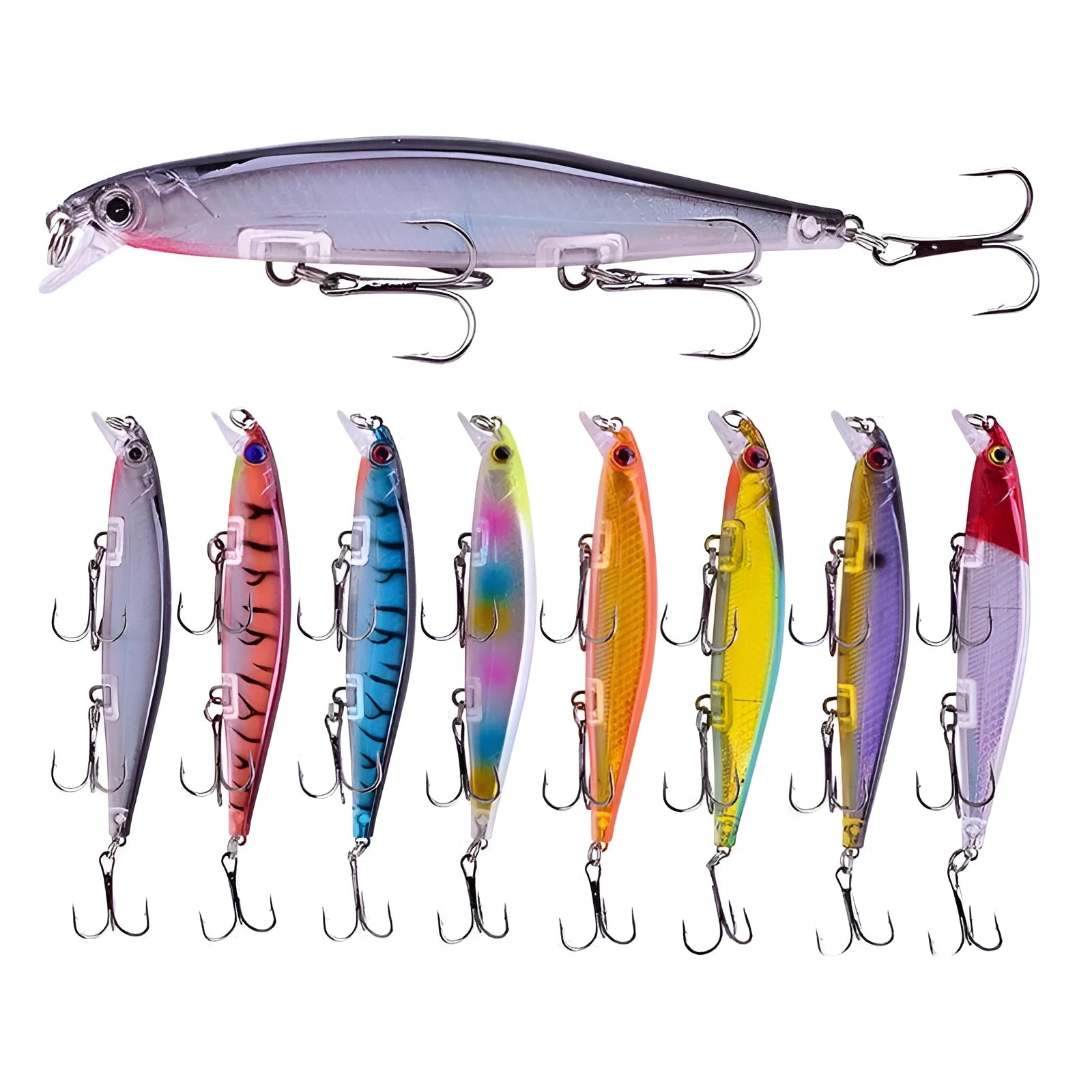 Tossing Submerged Suspended Mino Lure fishing bait showing 11cm length and colour options