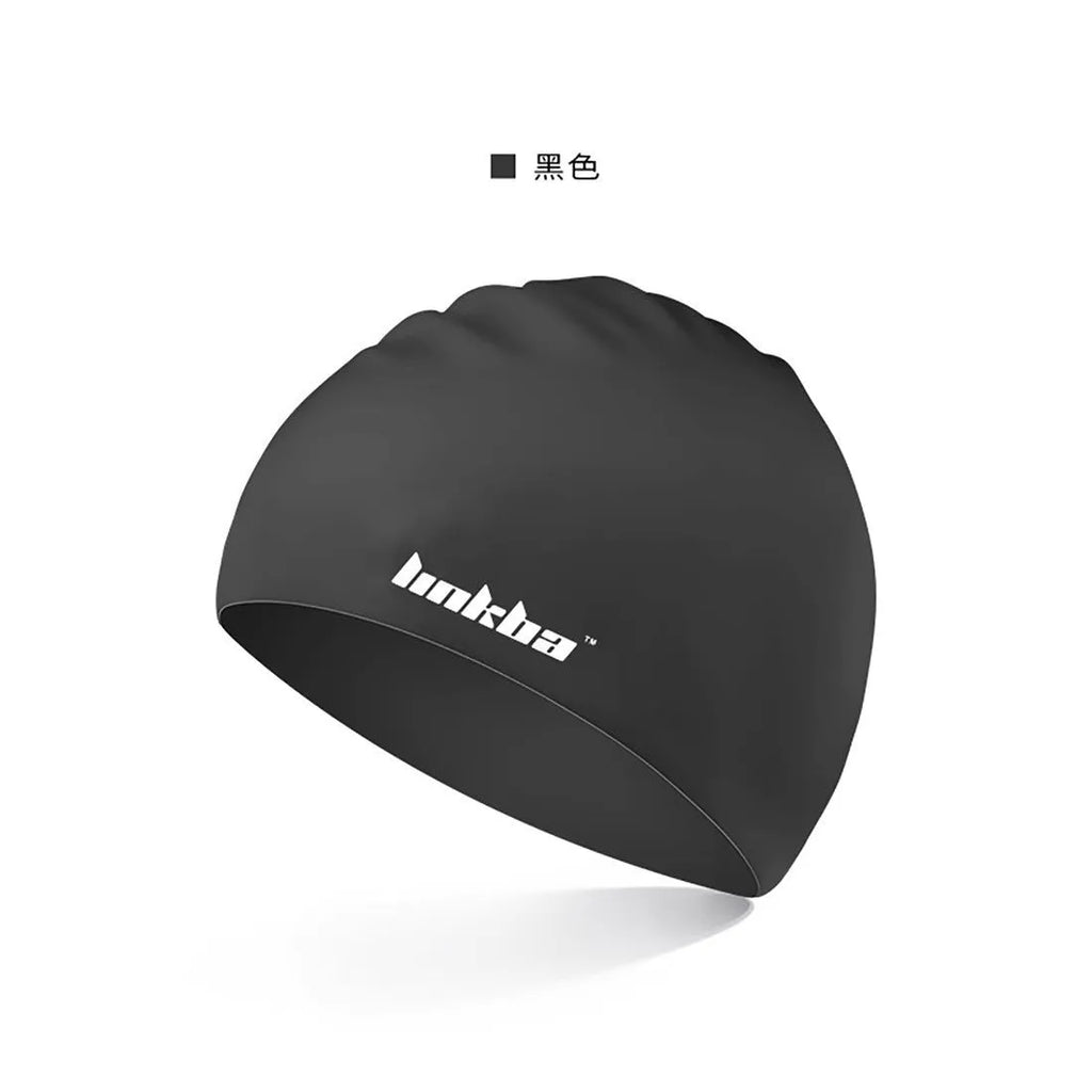 Silicone swimming cap with waterproof earmuffs shown in multiple colour options.