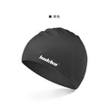 Silicone swimming cap with waterproof earmuffs shown in multiple colour options.