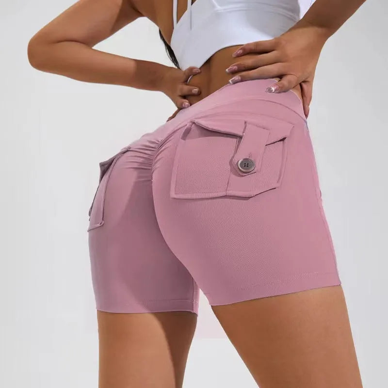 Women's high waist hip lifting shorts with pockets in quick-dry fabric for summer fitness