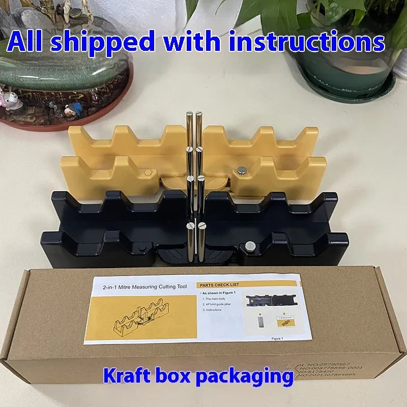 2-in-1 mitre measuring cutting tool in black and yellow with plastic ABS and stainless steel construction