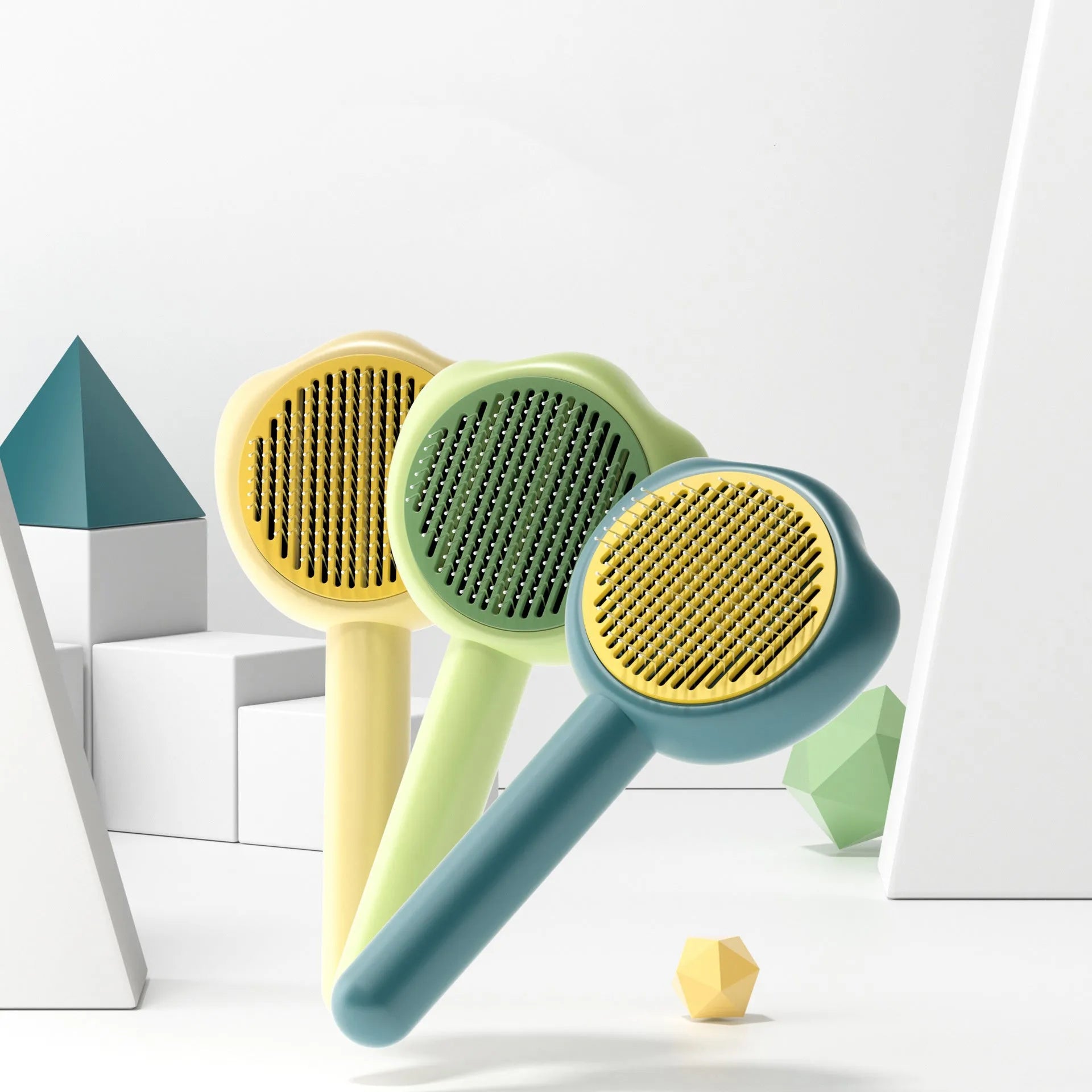 Pet grooming comb with self-cleaning mechanism in blue, green, and yellow colour options