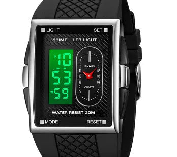 Double display waterproof sports electronic watch with 39.4mm screen and CR2025 battery in black and white colour option