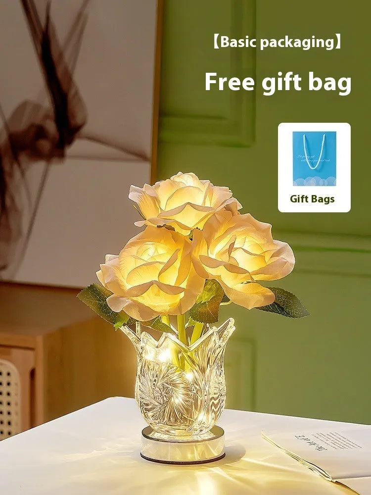 Crystal flowers decorative table lamp with touch controls and rechargeable battery for cordless placement