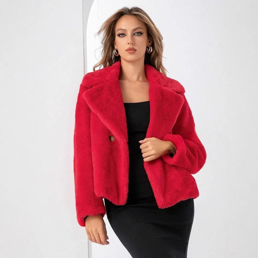 Women's loose short coat in soft faux fur, shown in rose red, with regular sleeves and a fresh sweet style.