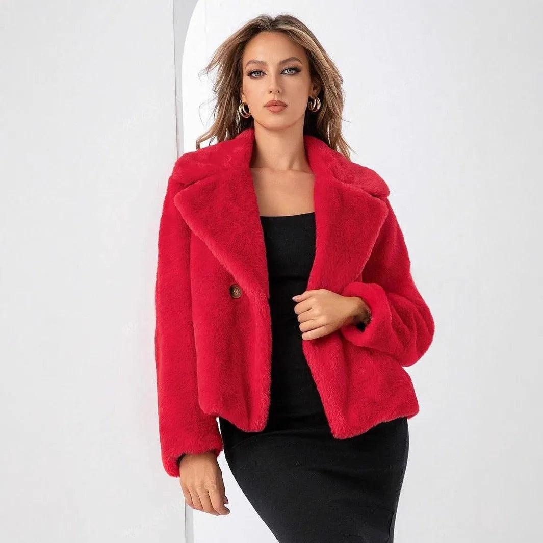 Women's loose short coat in soft faux fur, shown in rose red, with regular sleeves and a fresh sweet style.