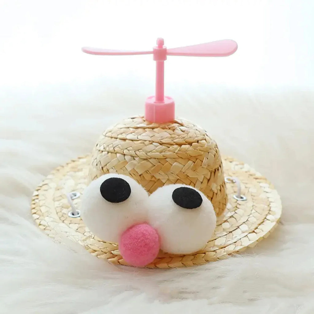 Decorative pet hat in mixed cloth and grass, available in S 13cm and M 15cm sizes for cats and small dogs