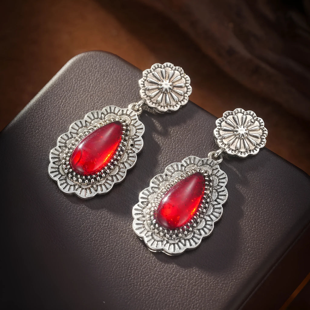 Retro bohemian carved ruby drop earrings for women in red alloy finish